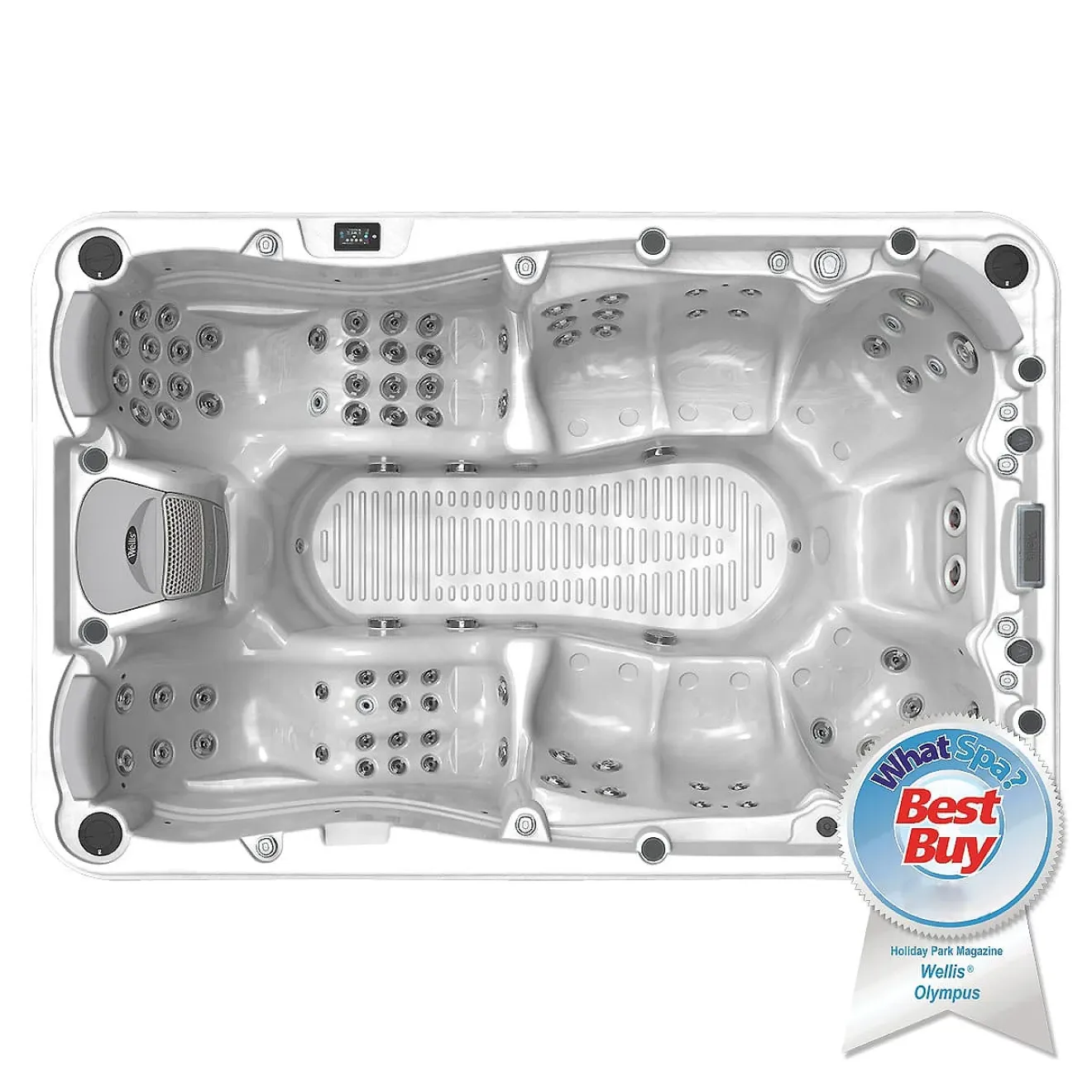 Whirlpool Wellis Olympus Peakline - 7 Sitze 2 Liegen - 354 × 230 × 98 cm. Ein Famielien Whirlpool mit Spassfaktor