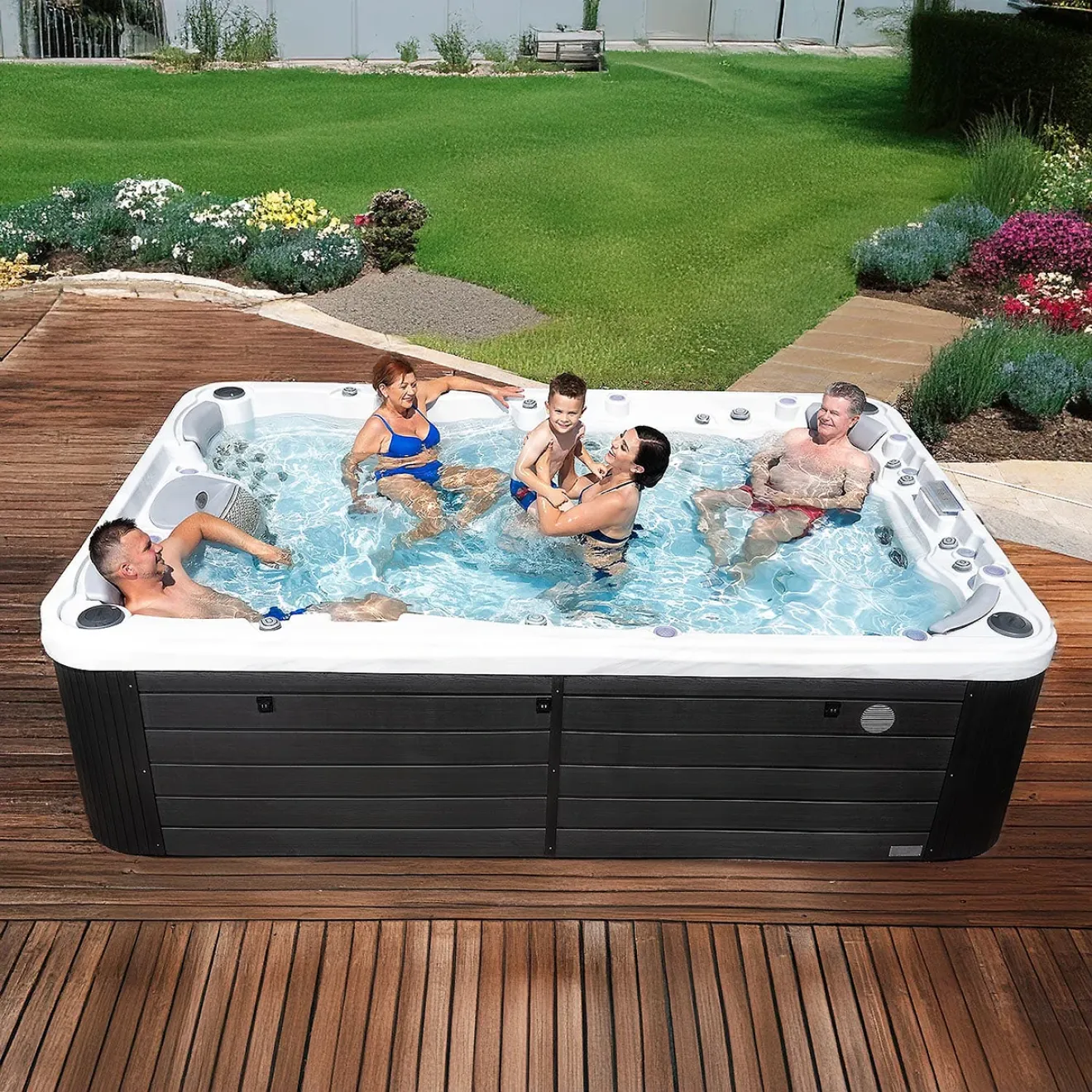 Whirlpool Wellis Olympus Peakline - 7 Sitze 2 Liegen - 354 × 230 × 98 cm. Ein Famielien Whirlpool mit Spassfaktor