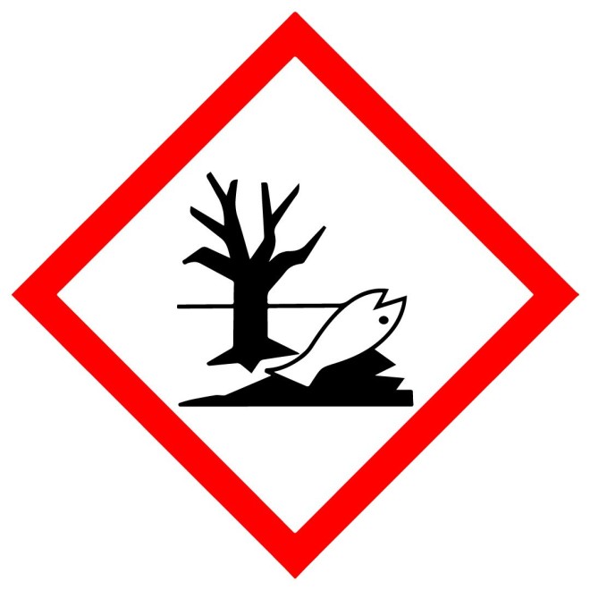 Achtung: Biozidprodukt kann Gewässer, Fische und andere Lebewesen schädigen – Gefahrensymbol Umweltgefahr